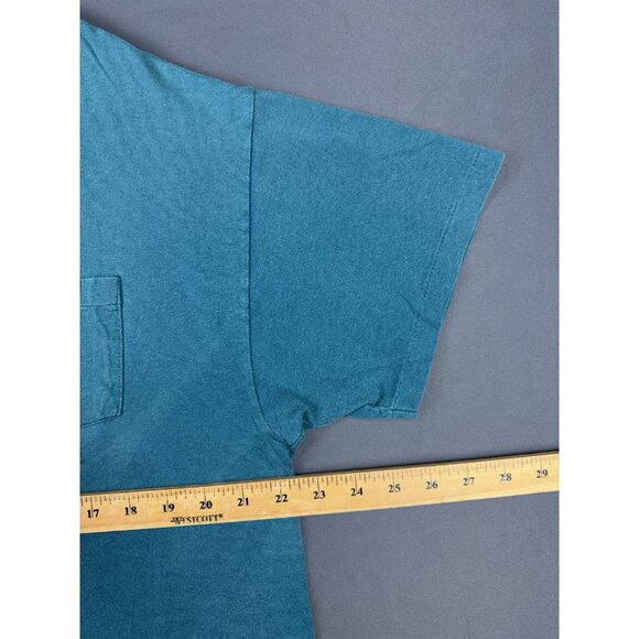 Vintage 90's Hanes Blank Pocket Shirt Teal Single Stitch Fade Design Streetwear - Picture 10 of 11